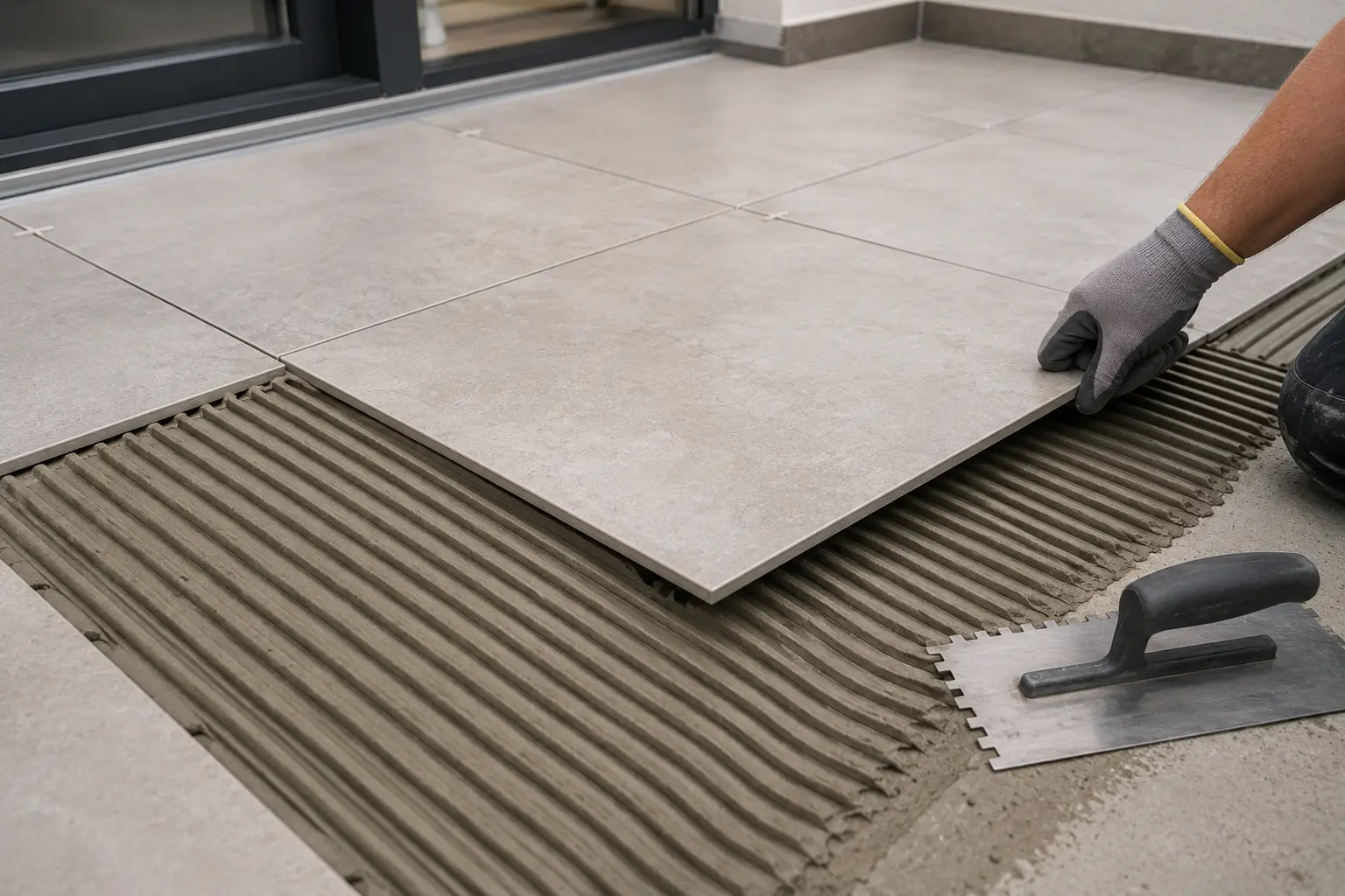 Montaż klejonych płytek ceramicznych na tarasie z wykorzystaniem kleju do płytek i pacy zębatej